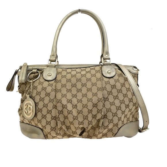 GUCCI GG Pattern Sukey 2Way Shoulder Hand Bag Canvas Leather Brown Gold 89EE813